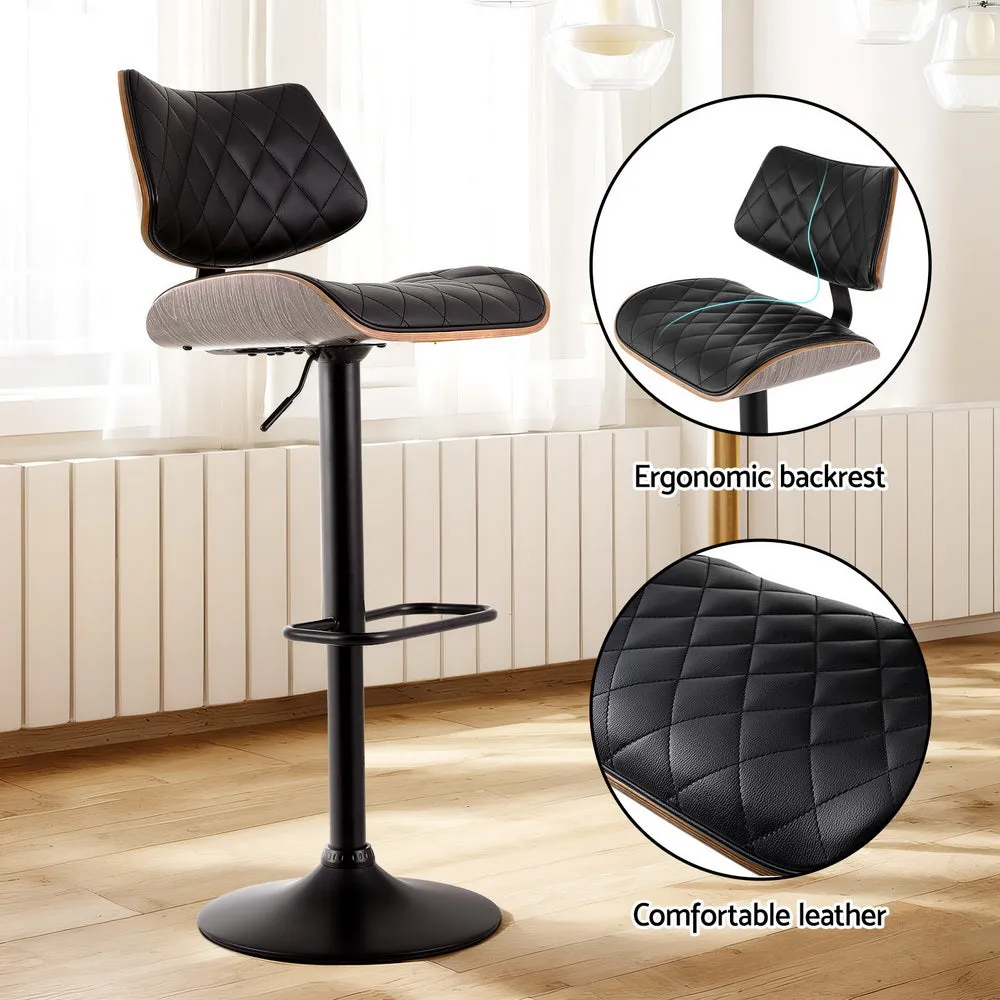2x Bar Stools | Kitchen Dining Chairs | Gas Lift Stool | Wooden Leather | Black