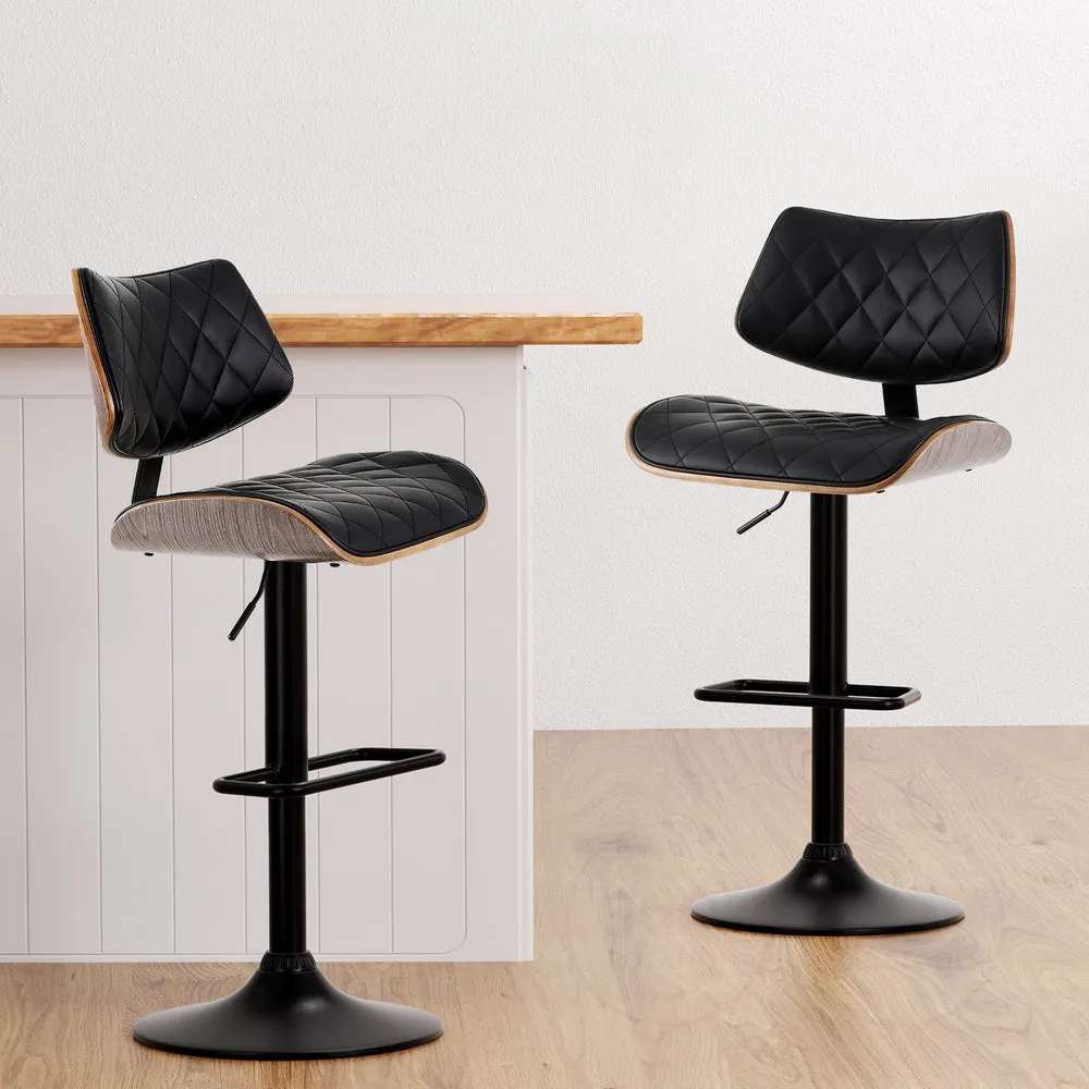 2x Bar Stools | Kitchen Dining Chairs | Gas Lift Stool | Wooden Leather | Black