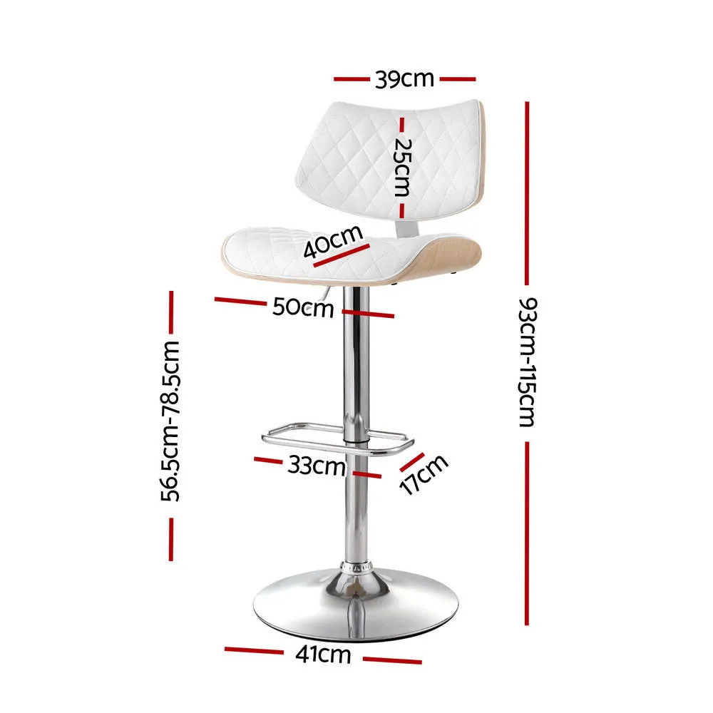2x Bar Stools | Kitchen Dining Chairs | Gas Lift Stool | Wooden Leather | White
