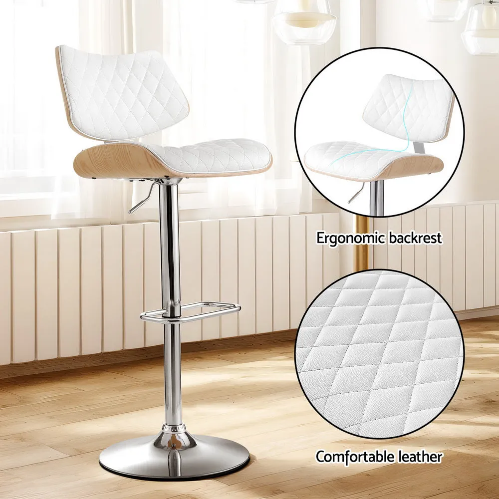 2x Bar Stools | Kitchen Dining Chairs | Gas Lift Stool | Wooden Leather | White